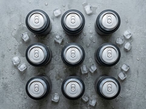Top view of nine aluminum drink cans arranged in a grid with scattered ice cubes on grey surface. chilled can holder