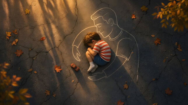 Top view concept of lonely little boy curled up sleeping inside chalk drawing of father hugging him on asphalt ground with autumn leaves, missing father and orphanhood concept