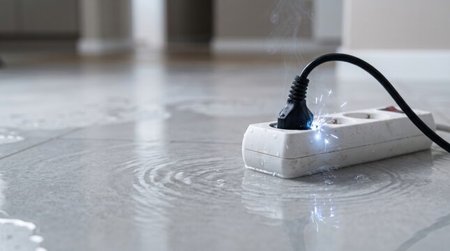 Sparking power strip in standing water after a home flood. Electrical hazard, electric shock risk, water damage, home safety and emergency concept