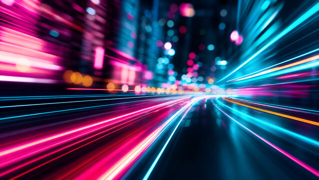 Cyberpunk neon light trails in motion, futuristic city night traffic with long exposure blur, vibrant pink and blue high speed data transmission
