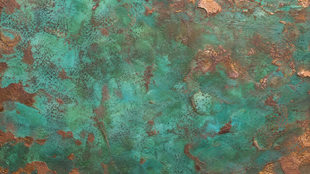 Oxidized copper texture with green patina, weathered bronze metal surface, rustic turquoise verdigris background for industrial design