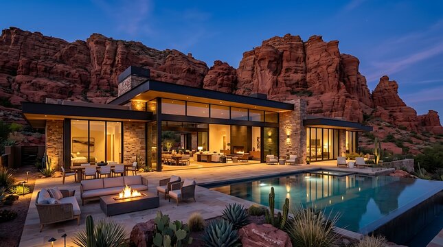 Modern luxury house with swimming pool and fire pit at sunset near red rock mountains in sedona. arizona modern home