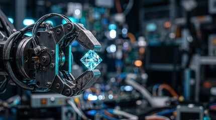Obraz premium Robotic gripper holding a glowing blue crystal inside a busy electronics laboratory workshop