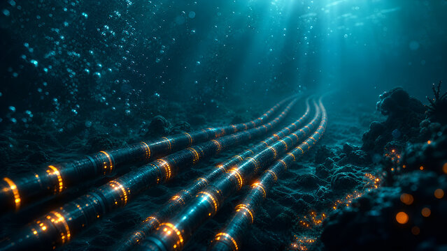 Submarine fiber optic cables on ocean floor, glowing underwater telecommunication lines, deep sea data transmission infrastructure