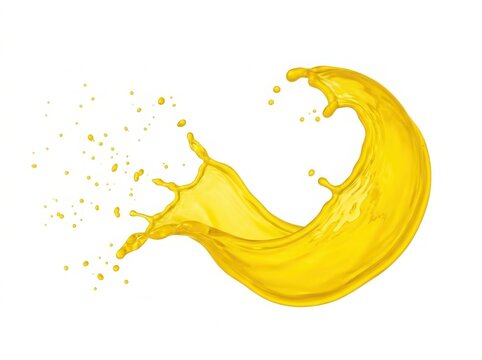 Bright yellow orange juice splash with liquid droplets flying in the air isolated on white background , png