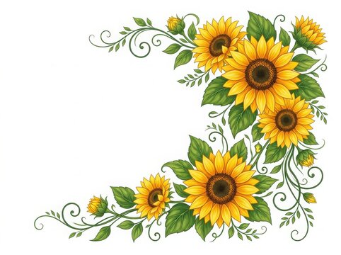 Beautiful sunflower corner border decoration with green leaves and elegant swirling vines for wedding invitation or greeting card design isolated on white background , png