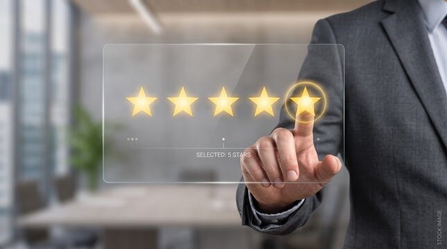 Businessman hand touching five star rating on virtual screen, customer satisfaction, positive feedback review, quality service excellence, user experience evaluation for marketing