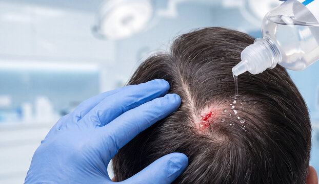 Healthcare professional irrigates a small scalp wound with sterile saline solution while carefully separating the patient's hair during clinical treatment.