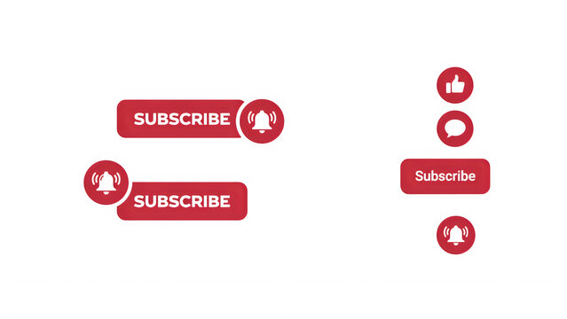 Red subscribe notification icons with plus and check marks isolated on transparent background, illustration