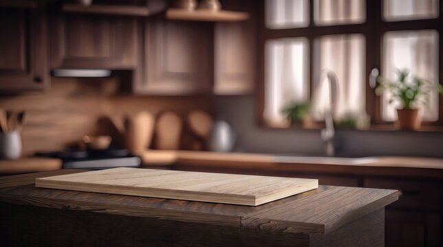 Wooden cutting board on kitchen island countertop. Rustic home interior design, cooking preparation surface, culinary workspace, empty space for text overlay, domestic lifestyle