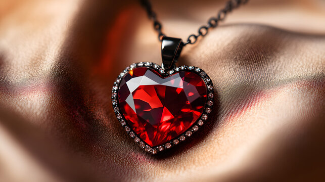 Luxury elegant silver necklace chain with glowing red ruby crystal heart pendant close