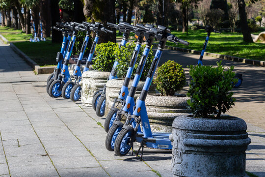 Rental electric scooters parked in public park in Batumi, Georgia, March 13, 2026