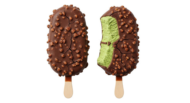 Chocolate almond ice cream bars with pistachio green filling.