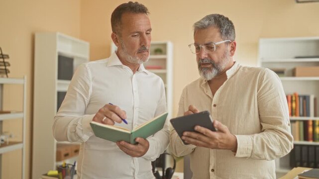 Two men, one writing in a notebook and the other holding a tablet while they review pages and tap the screen in an office building; collaboration planning.