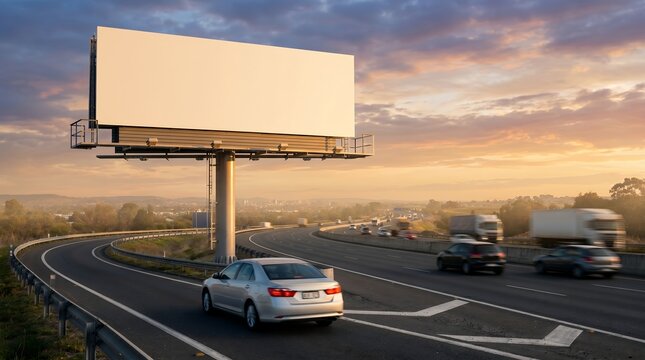 Blank Outdoor Billboard on a Curved Highway with Traffic During a Sunset SkyBlank Outdoor Billboard on a Curved Highway with Traffic During a Sunset Sky
