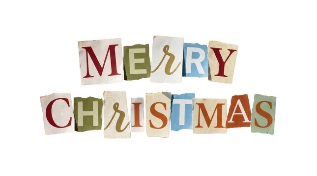 Merry christmas letters cut from vintage paper magazines isolated on transparent background