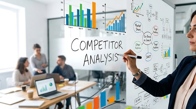 Businesswoman writing competitor analysis on glass wall in modern office