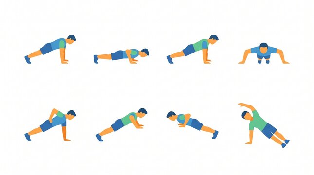 Man performing different push up exercise variations and fitness workouts for bodyweight training strength and healthy lifestyle