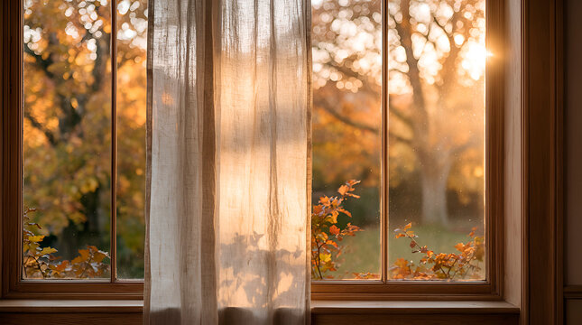 Sunlit window with sheer curtain overlooking an autumn garden, warm golden light, cozy home atmosphere, peaceful seasonal interior and tranquil fall background.