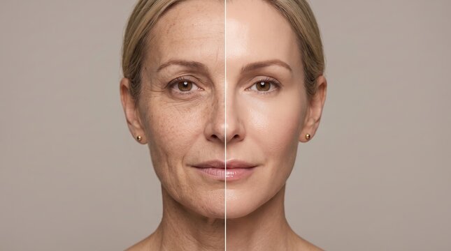 Before and After Anti Aging Skin Care Comparison Woman Face Wrinkle Reduction and Collagen Treatment