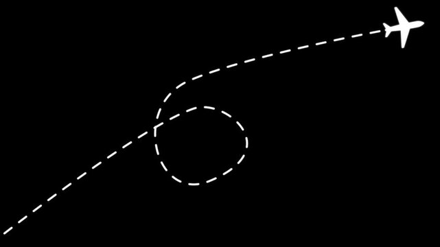 Animated airplane path with dotted flight route on black background, for travel and, logistics aircraft