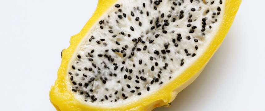 Halved yellow dragon fruit showing white flesh and black seeds
