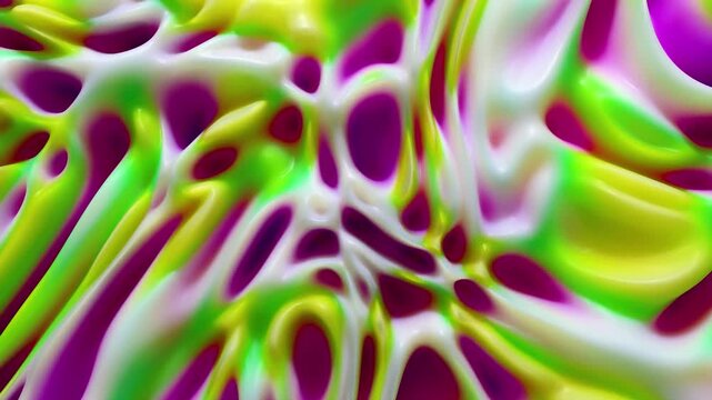 Vibrant lime green and magenta liquid channels ripple dynamically across the screen. Organic fluid shapes shift continuously to create a colorful abstract backdrop.