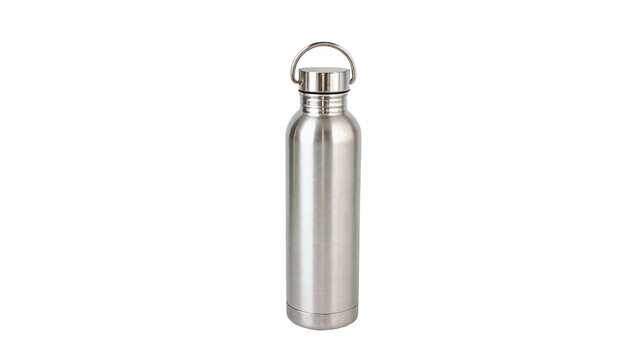Reusable stainless steel metallic water bottle sports thermos flask isolated on transparent background