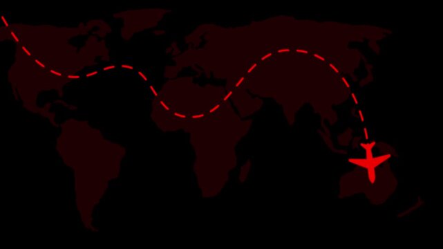 Animated airplane flight path over map, global travel route concept, red plane tracking international journey on dark background