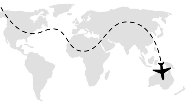Animated airplane flight path over map, global travel route concept
