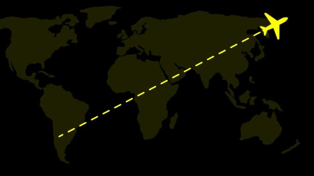 Animated airplane flight path tracking across map, global travel and logistics concept