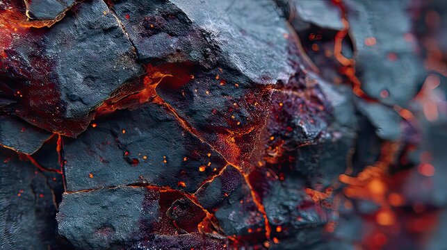 Dramatic Close-Up of Volcanic Lava Rock with Glowing Embers and Cracked, Charred Texture in Fiery Colors