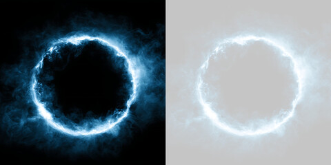 Obraz premium Blue energy circle frame with fire and smoke effects. Glowing plasma ring overlay on transparent background