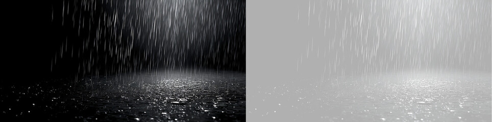 Obraz premium Heavy rain effect with wet ground reflection. Falling water drops overlay on transparent background