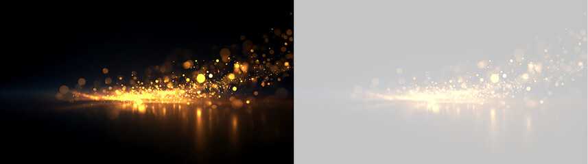 Wave of sparkling golden glitter particles with bokeh effect. Glowing magic dust trail isolated on transparent background © Василий Куриленко