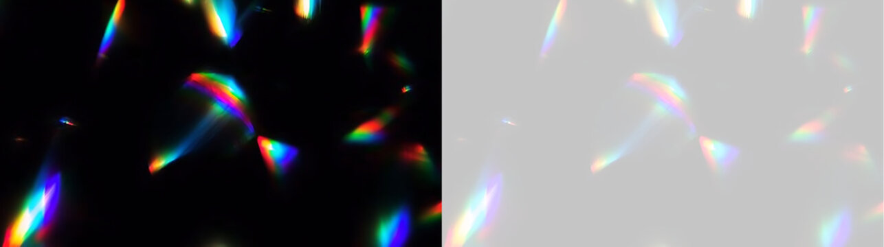 Crystal prism refraction light leak overlay. Rainbow lens flare background on transparent grid
