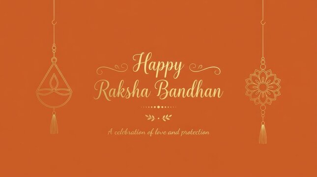 Happy raksha bandhan greeting card design with golden line art diya lamp and floral rakhi and mandala flower decoration on orange background.