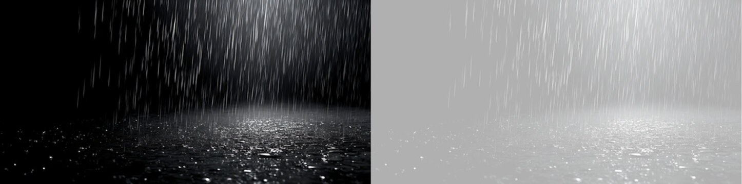 Heavy rain effect with wet ground reflection. Falling water drops overlay on transparent background