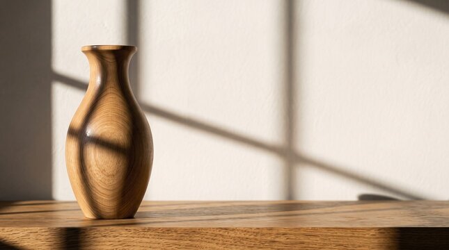 Wooden vase on a wooden table. Minimalist decor with natural sunlight and window shadows.