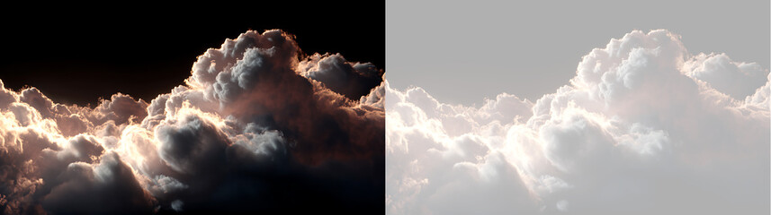 Fototapeta premium Towering volumetric cumulus cloud ridge with bright backlighting. Isolated dramatic cloudscape element