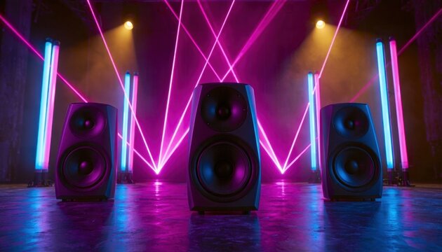 Three large black speaker systems with visible drivers arranged symmetrically in a dark venue, illuminated by crossing pink and blue laser beams and warm spotlights