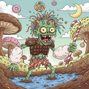 A whimsical scene features a candy-themed zombie trudging through a river of chocolate. The zombie is adorned with candy elements like licorice hair, a lollipop, and patches of chocolate armor.