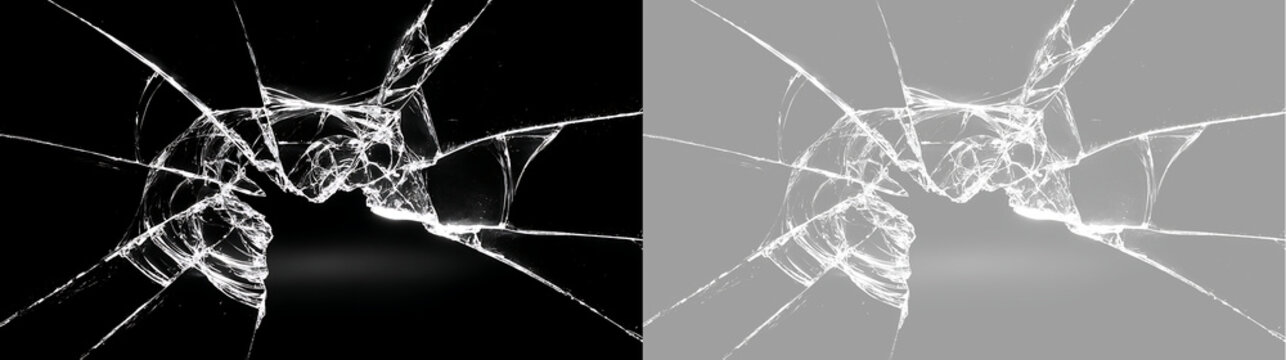 Fractured broken glass overlay texture with horizontal cracks. Shattered window impact effect on transparent and black background