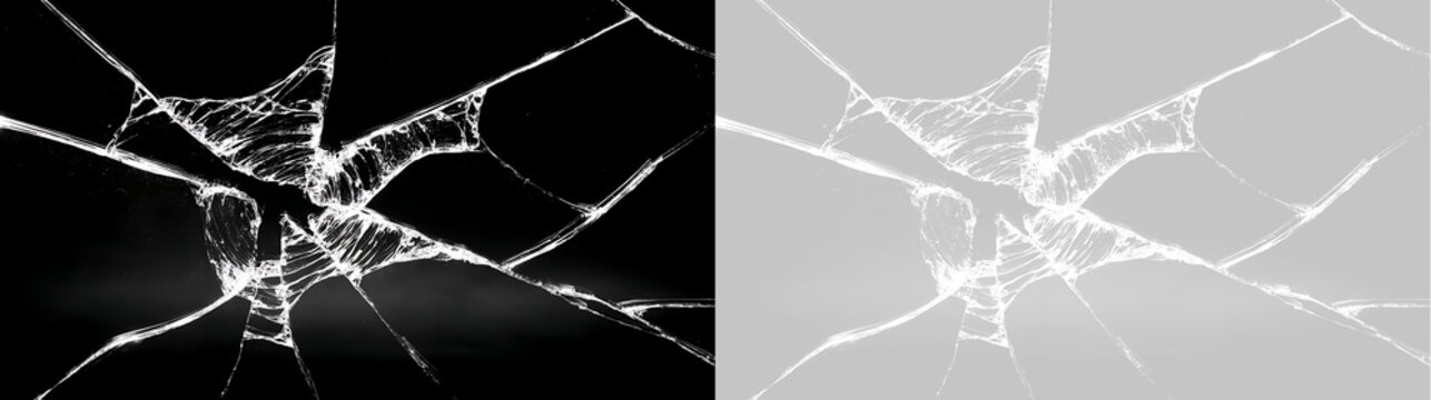 Jagged shattered glass texture overlay with central hole. Broken window crack lines on transparent and black background