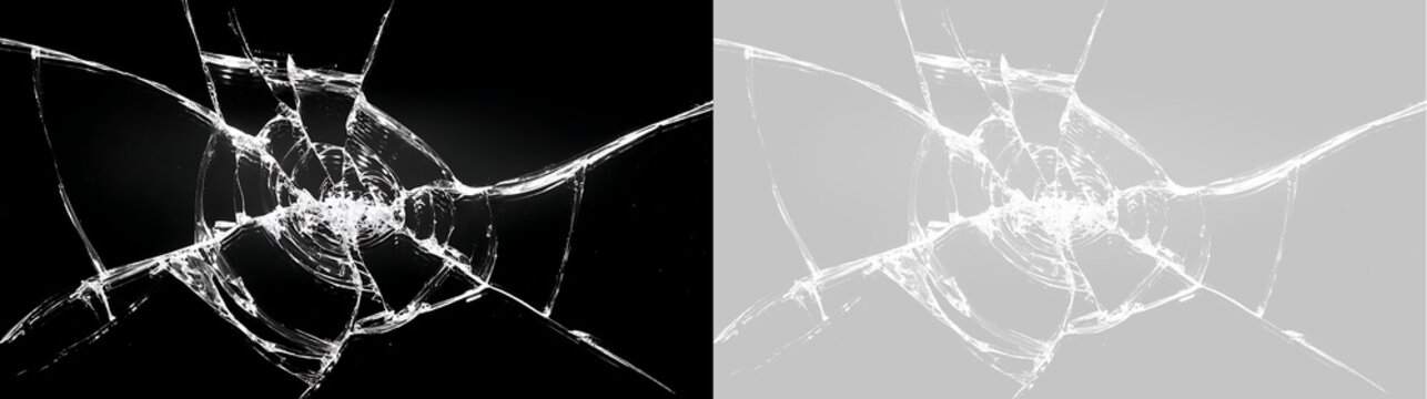 Spiderweb broken glass crack pattern overlay texture. Shattered glass central impact effect on transparent background