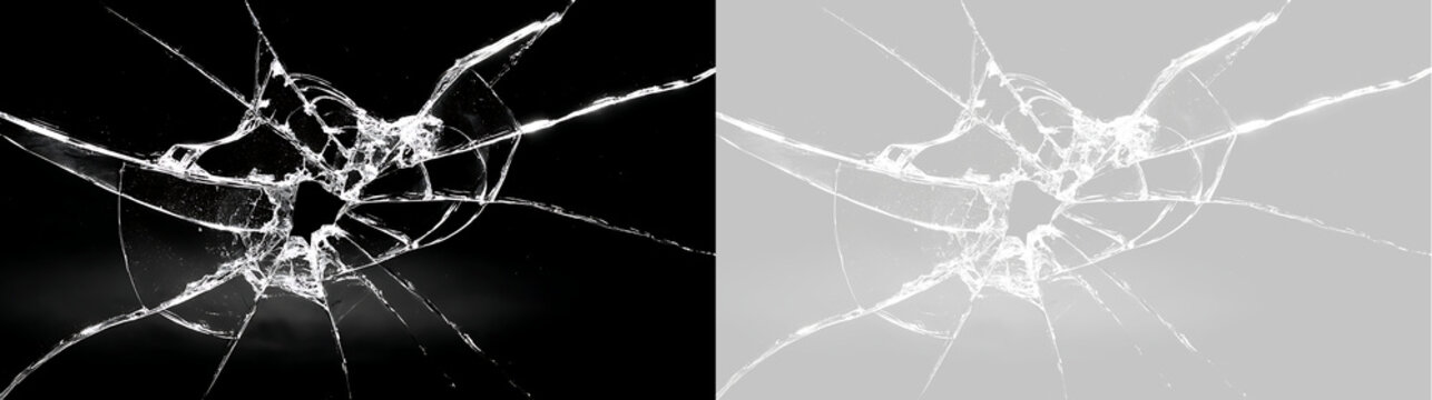 Broken glass overlay texture with cracks and hole. Shattered window pane effect on black and transparent background