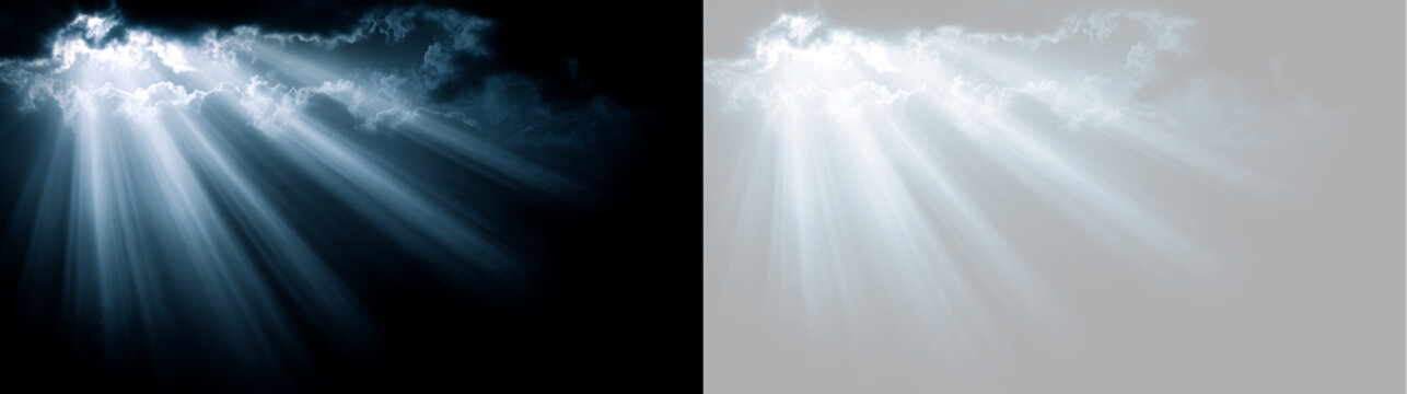 Sunlight breaking through dark clouds background transparent overlay. God rays volumetric light effect for photo editing