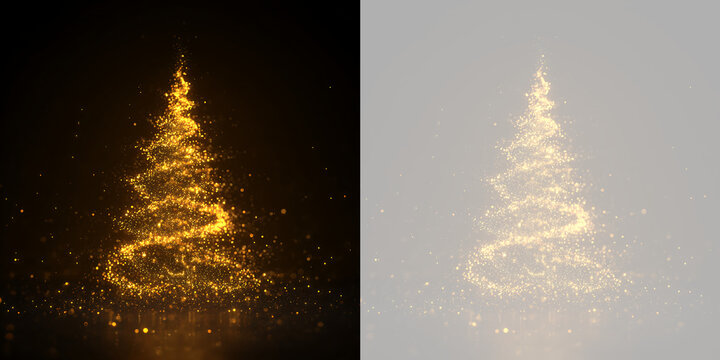 Golden glitter christmas tree on transparent background. Sparkling golden christmas tree isolated particle overlay