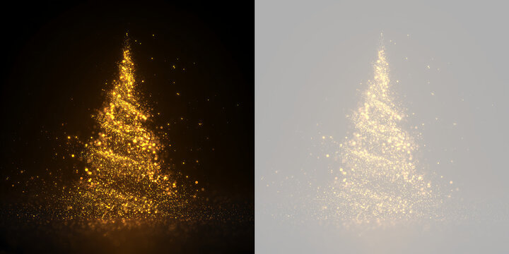 Luminous golden christmas tree made of glittering dust on transparent background. Glowing Christmas tree particle effect