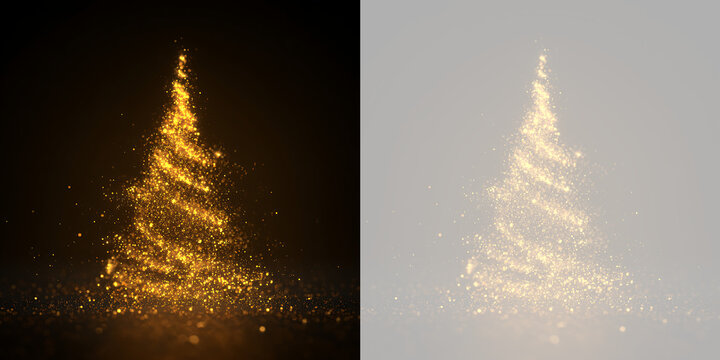 Golden Christmas tree made of sparkling glitter particles. Glowing magic light effect overlay isolated on dark and transparent background